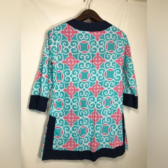 Simply Southern Collection Cotton Tunic Sz Medium Teal Pink Navy Swirl Slit Side - Picture 4 of 5
